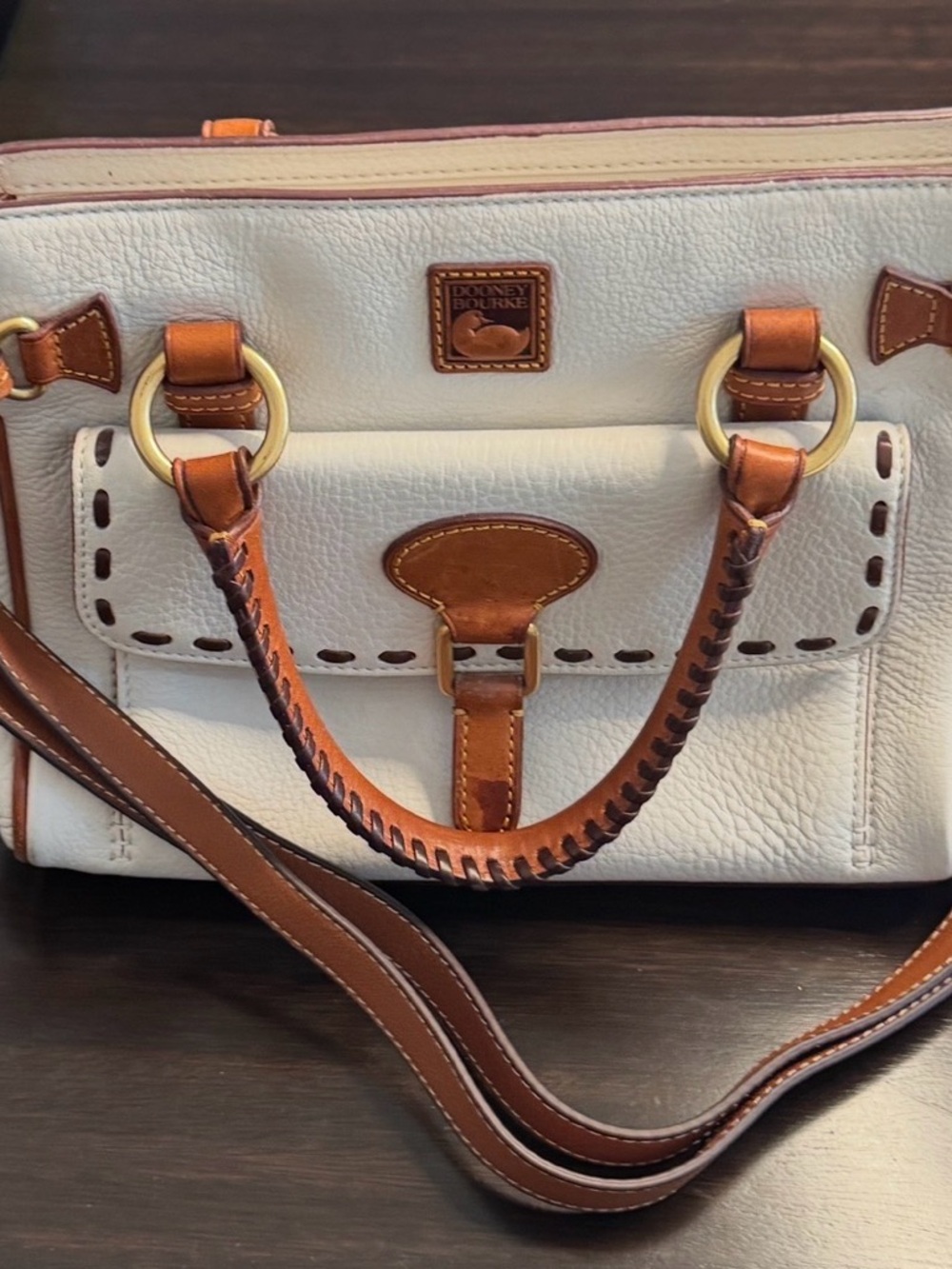 Dooney & Bourke Cream Leather Satchel with Brown Trim and Brass Hardware - Picture 5 of 12